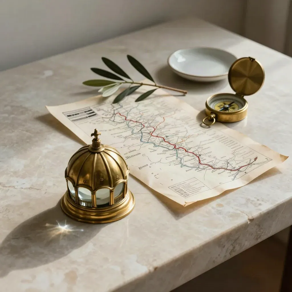 Flat lay con cimelio di San Pietro, foglio percorso, ulivo e bussola su pietra chiara