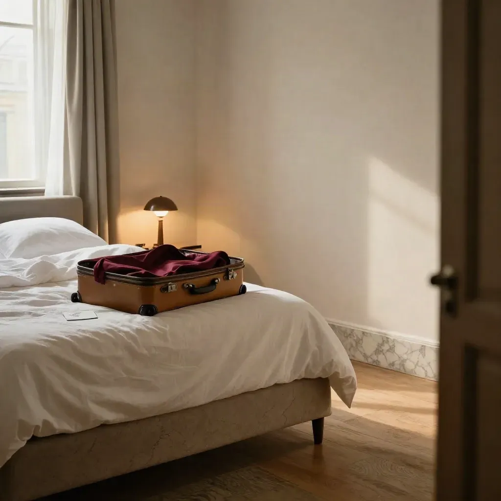 Camera d’albergo a Trastevere con valigia aperta, lampada calda e luce dell’alba