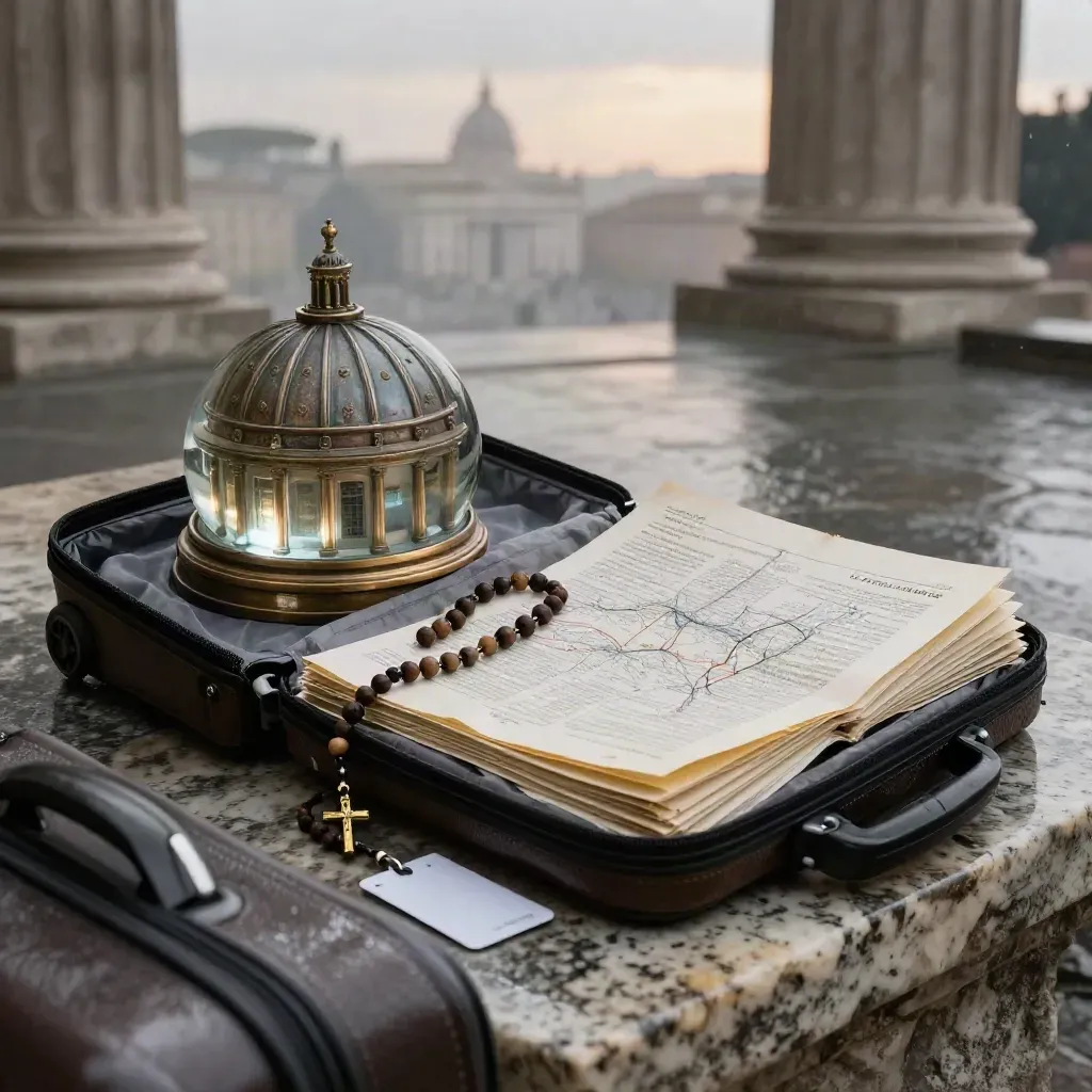 Kit da pellegrino su travertino con rosario, chiave hotel e cupola bronzea di San Pietro