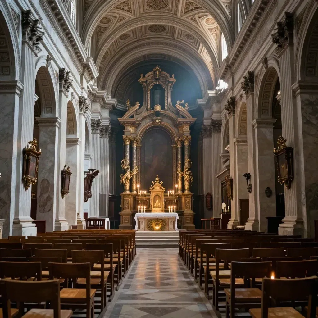 Navata di San Pietro vuota con candele accese e baldacchino in ombra.