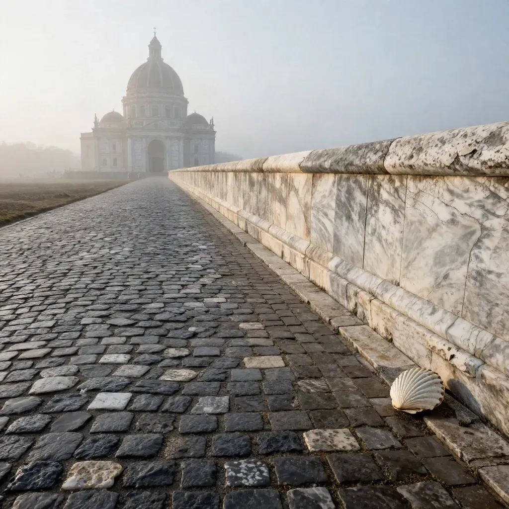 Sentiero in pietra per pellegrini verso una basilica, al mattino tra nebbia e luce chiara.