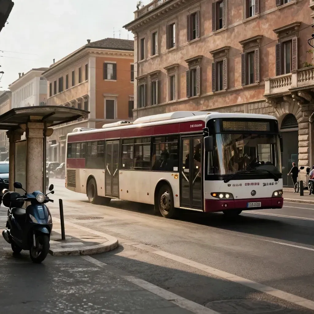 Autobus di Roma che frena al marciapiede con scooter e pensiline in luce calda