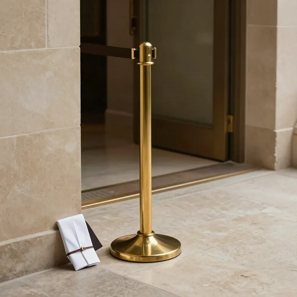 Corsia d’ingresso con paletti in ottone, sleeve pass piegata e soglia in pietra, luce calda e tesa.