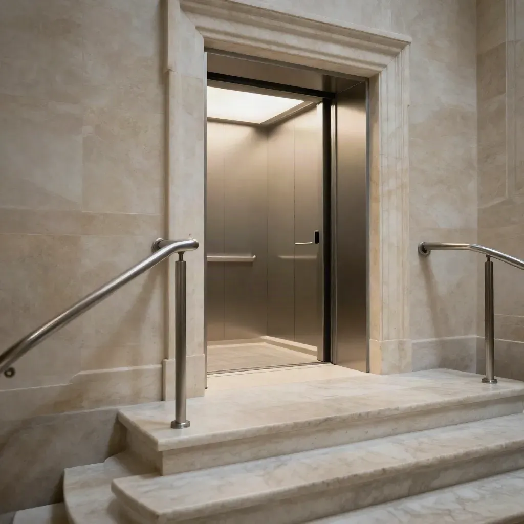 Rampa accessibile in pietra con ascensore aperto nel Vaticano, luce chiara e guida in marmo.