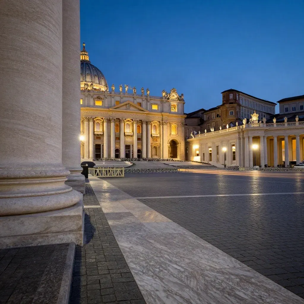 Facciata di San Pietro al crepuscolo con colonnato e piazza quasi vuota.