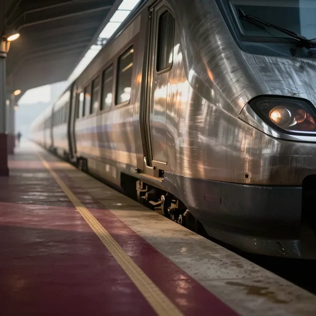 Treno in arrivo a Roma Termini con riflessi caldi e bagagli sfocati sul binario