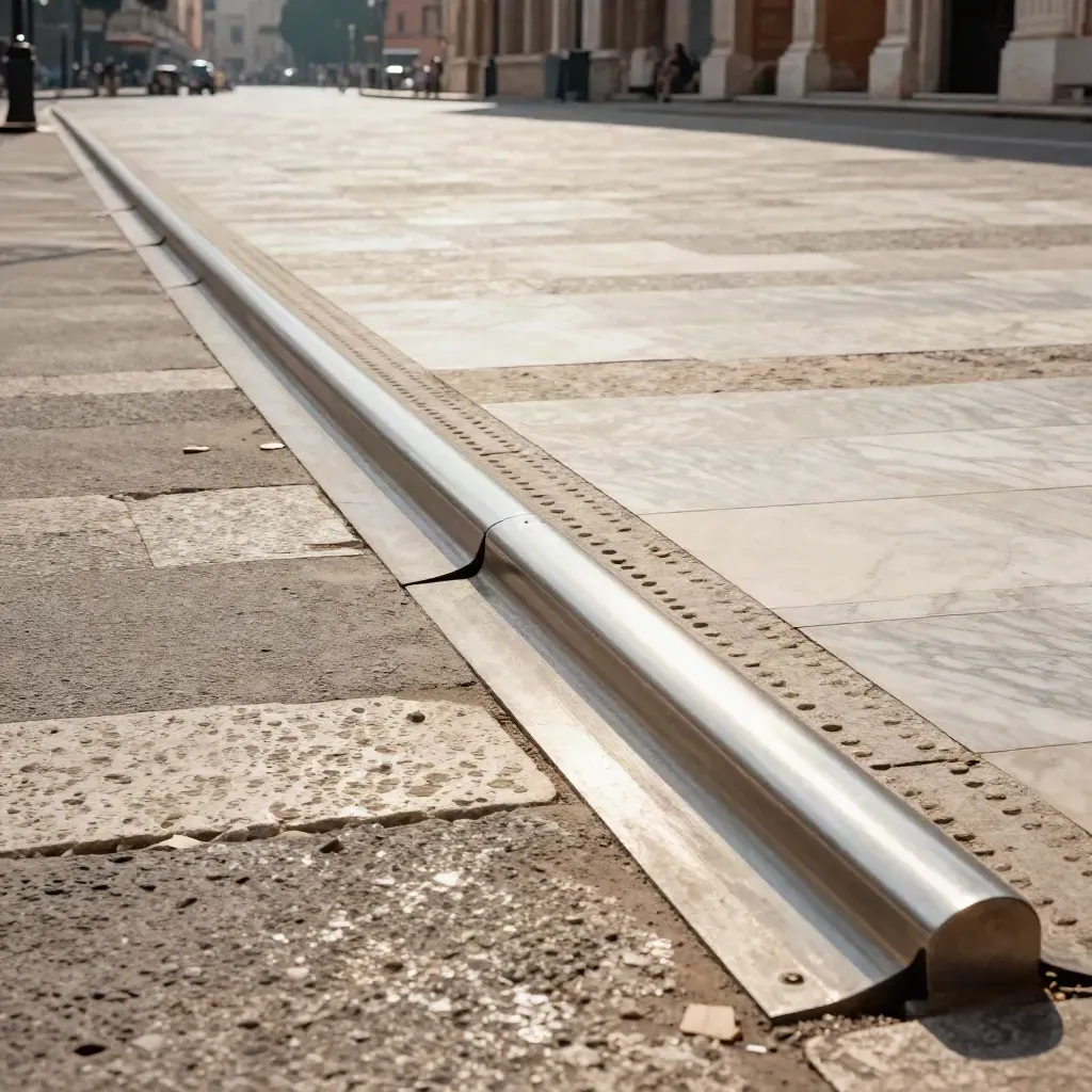 Percorso accessibile in marmo con rampe, pavimentazione tattile e corrimano in una piazza romana