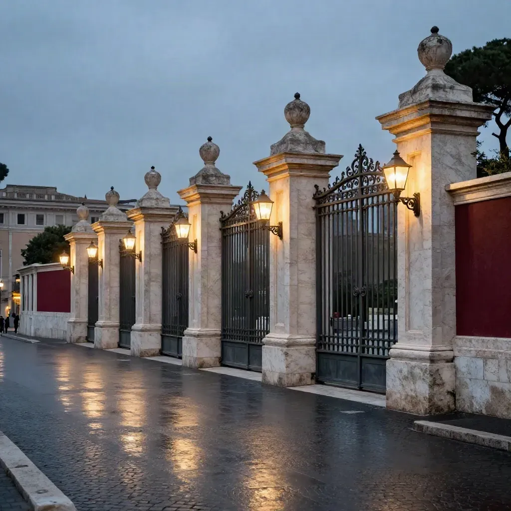 Cancello vaticano illuminato al tramonto con lampioni che si accendono nel cortile.