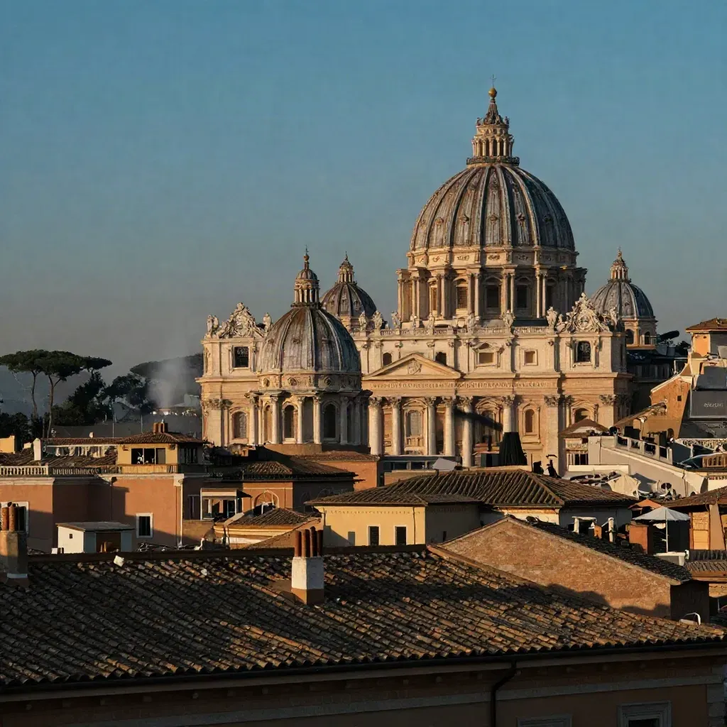 Panorama di Roma con le cupole di San Pietro, San Giovanni e Santa Maria Maggiore al tramonto.