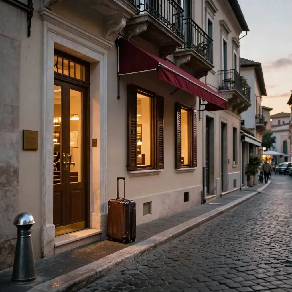 Via romana tranquilla al tramonto, hotel boutique illuminato e valigia vicino al portone
