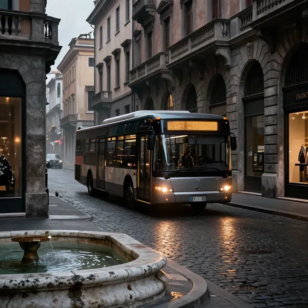 Autobus urbano curva tra facciate in travertino e bordo di una fontana al tramonto.