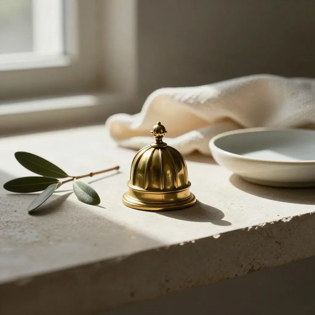 Paperweight in bronzo con cupola di San Pietro, ramo d’ulivo, panno crema e piattino su mensola in pietra.