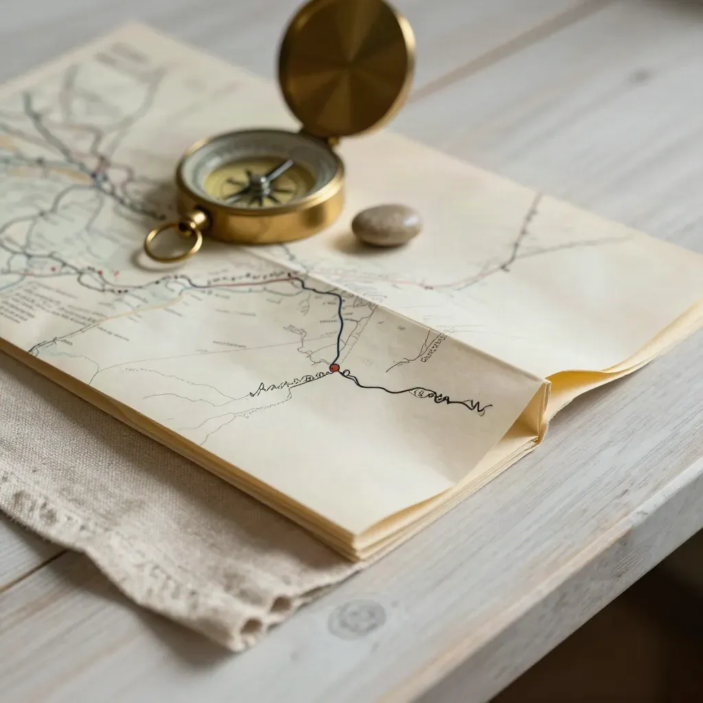 Mappa piegata, bussola in ottone, pietra e lino su legno chiaro, luce morbida