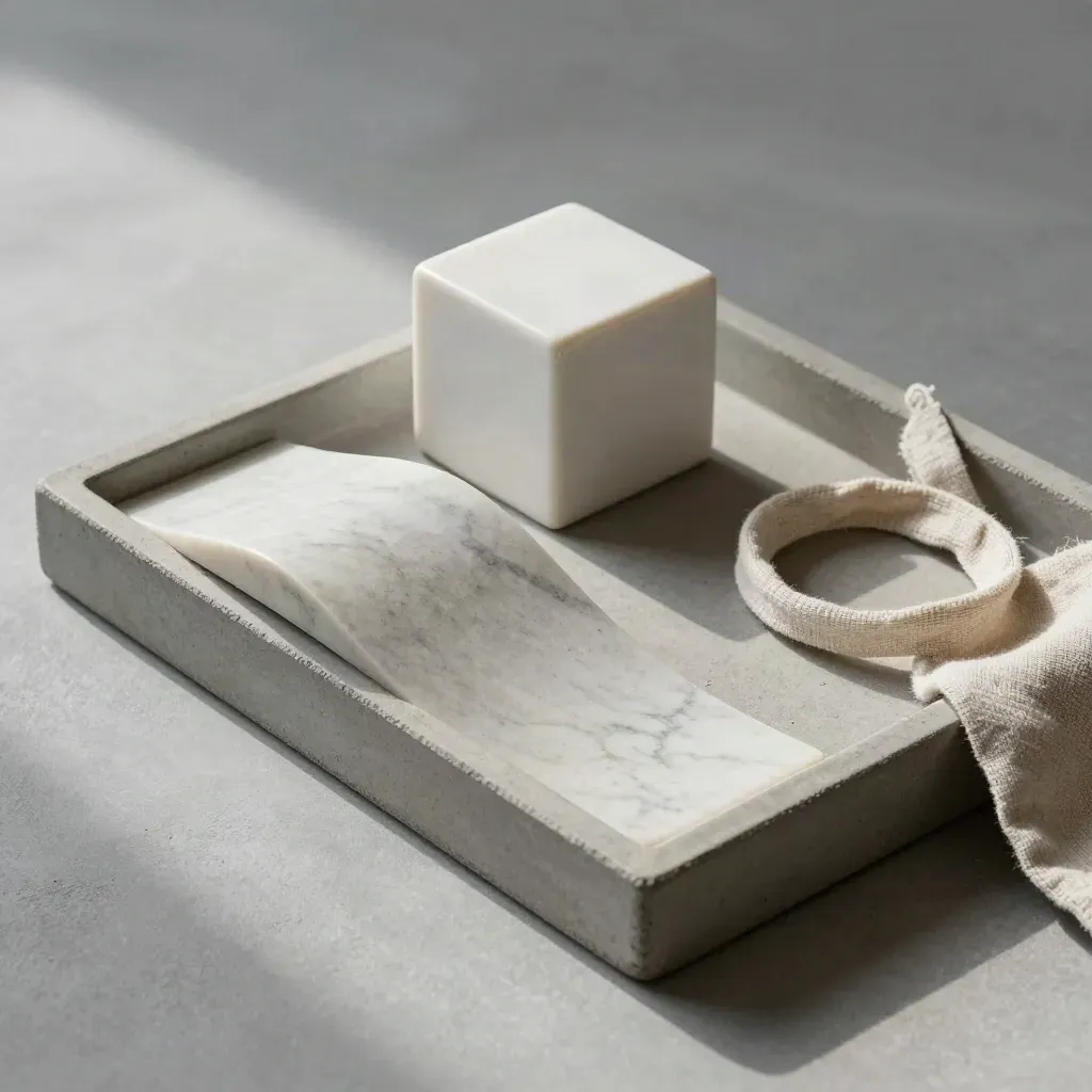 Piccola rampa di pietra, cubo ceramico e lino su vassoio, luce morbida.